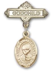 14K Gold Baby Badge with St. Maximilian Kolbe Charm and Godchild Badge Pin