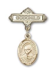 Gold Filled Baby Badge with St. Maximilian Kolbe Charm and Godchild Badge Pin