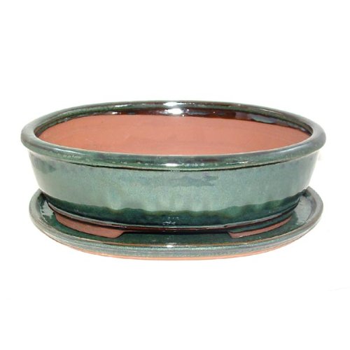 26cm Green Oval Glazed Bonsai Pot and Tray Set 