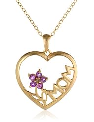 Goldtone Finish Silver, Diamond-Accent and Amethyst MOM with a Flower Heart Pendant Necklace, 18"
