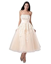 A-line Strapless Tulle Tea Length Lace Natural   Waistline  Dress