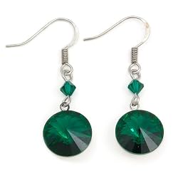 Emerald Green 12mm Round Swarovski Drop Sterling Silver Earrings -- Made In USA