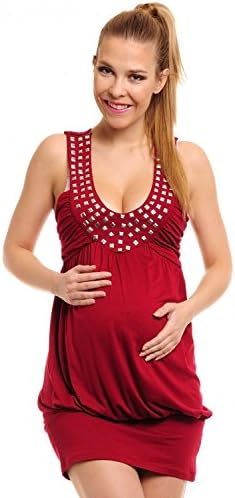 Happy Mama Women's Maternity Bubble Tunic Dress Studded Neckline Sleeveless 024p (Crimson, 8)