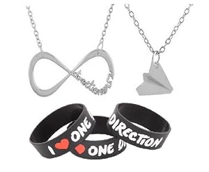 One Direction Stainless Steel Silver Infinity and Airplane Pendants with a 20 Inch Necklace and One Rubber Wristband