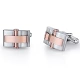 Mens Stainless Steel Cuff Links with Rose Gold Rivet Accents on Black Cord Necklace