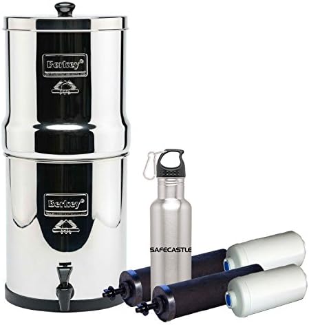 Imperial Berkey 4.5 gal Stainless Steel Water Filter System Bundle w/ Safecastle SS Water Bottle, 2 Black BB9 Carbon Filters, 2 PF2 Flouride Filters. Water Purifier- IMP6x2