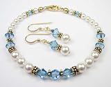 March Aquamarine Gold Filled Birthstone Swarovski Crystal Beaded Pearl Braceletss and Earrings Sets