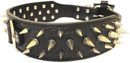 2" Width Stud Spiked Leather Dog Collar for Pit Bull German Shepherd Boxer Large (Black)