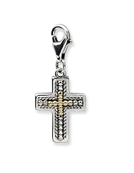 14k Yellow Gold Sterling Silver with 3 D Antiqued Cross with Lobster Clasp Charm