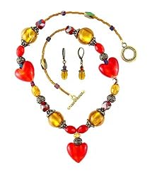 Necklace - N133 - Murano Style - Round, Oval and Heart Beads + Matching Earrings ~ Red and Gold