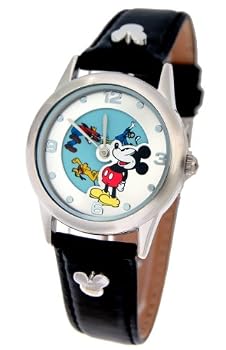 Disney Unisex MK1044 Mickey Mouse Black Leather Strap Watch