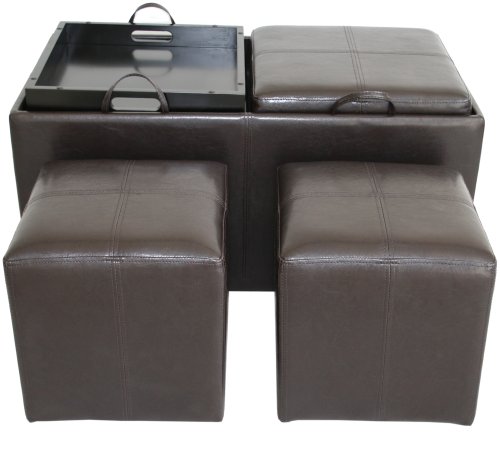 Global Distinctions 3-Piece Storage Ottoman Set with Tray Tables, Brown