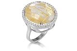 14K White Gold Matte-Finish Designer Ring, Centered with a Rutilated Quartz Semi-Precious Stone, Surrounded by Pave Set Diamonds.