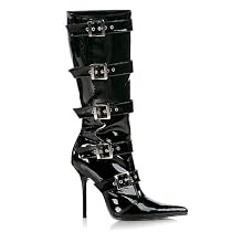 4 1/2 Inch Sexy High Heel Knee Boot Stiletto Heel Pointed Toe Featuring Buckle Black Patent