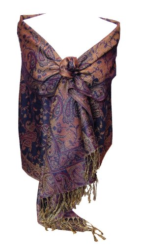 Elegant Navy Blue Reversible Paisley Pashmina Silk Shawl Wrap