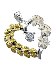 925 Silver Two Tone Plumeria Maile Heart with CZ Pendant Hawaiian Silver Jewelry