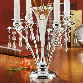 4 LIGHT CANDELABRA VASE WITH CRYSTALS - 4 LIGHT CANDELABRA VASE CENTERPIECE WITH HANGING CRYSTALS - silver candelabra