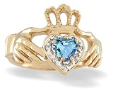 14K Yellow Gold Genuine Heart Blue Topaz and Diamond Celtic Claddagh Ring
