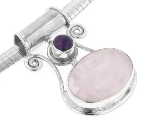 Elizabethan-Style Large Sterling Silver Rose Quartz and Amethyst Slide Pendant