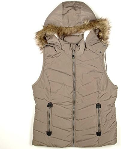 Green Tea Womens Sherpa Puffer Vest w/Faux Fur Trim Hood Medium Khaki