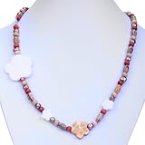 EXP Handmade Gold Pearl Necklace With White Mother Of Pearl Flowers, Jasper & Sterling Silver Clasp