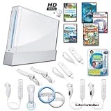 Nintendo Wii White Holiday Family Bundle with Extra Remotes and Nunchucks, Games, Wheels, and Much