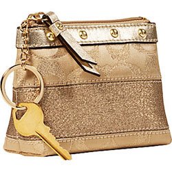 Coach Signature Stripe Studded Coin Lipstick Case Bag with Key Chain 42013 Gold