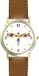 Multicolored No.1 Dragonfly or Dragon Fly - JP - WATCHBUDDY&reg; DELUXE TWO-TONE THEME WATCH - Arabic Numbers - Brown Leather Strap-Size-Women's Size-Small