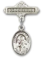 Sterling Silver Baby Badge with St. John of God Charm and Godchild Badge Pin