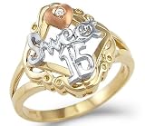 14k Tri-Color Gold Sweet 15 Birthday Quinceanera Ring