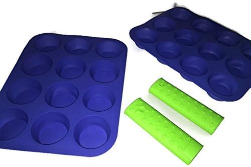 Bundle: 2 - Baking Pans Silicone Cupcake Muffin Tray and 2 - Silicone Pot Pan Handle Sleeves Covers Hot