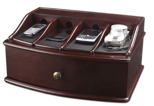 Large Charging Station Mahogany Wood Finish for iPhone iPod Samsung Galaxy & other Smart Phones PDA's MP3 Players, Includes Includes a six outlet power, Additonal Drawer by Bombay
