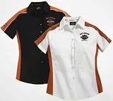 Harley Davidson Womens Short Sleeve Colorblock Stretch Woven Shirt, Button Up Front, Patches on Sleeves, Embroidery on Left Chest and Back, Black or White, 99050-07VW 99051-07VW