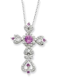 Sterling Silver Synthetic Pink Sapphire & Clear Cz Perfect Love 18in Neckla