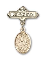 14K Gold Baby Badge with Our Lady of Prompt Succor Charm and Godchild Badge Pin