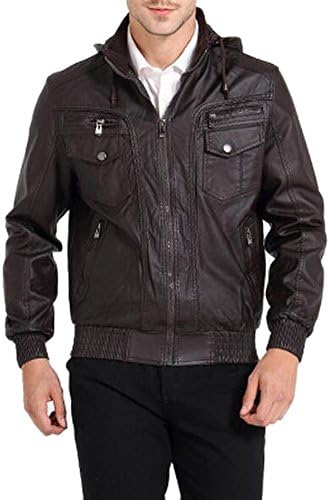 LaiGouMai Men's Motorcycle Faux-Leather Jacket with Hooded Brown XL