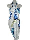 HAWAIIAN LONG SARONG WHITE W/ BLUE & AQUA HIBISCUS FLOWERS
