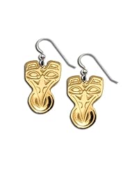 14K Yellow Gold Northwest Coast Native American Raven Sun Earrings. Made in USA.