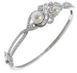 Classical 925 Sterling Silver Women Bangle with Cubic Zirconia/CZ, Pearl - 6cm*5mm, 14 Grams