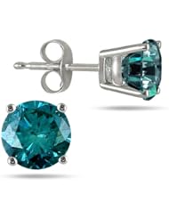 1.50 CTW Round Blue Diamond Solitaire Stud Earrings in 14K White Gold