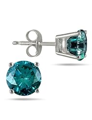 2.00 CTW Round Blue Diamond Solitaire Stud Earrings in 14K White Gold