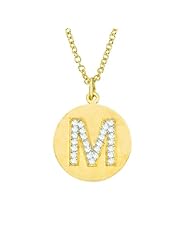 Personalized alphabet 14k Yellow gold diamond initial letter M disc pendant necklace