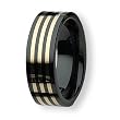 Three Row 14K Gold Inlaid Black Ceramic Ring (8.0 mm) With Wood Box - Sizes 8-13