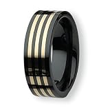 Three Row 14K Gold Inlaid Black Ceramic Ring (8.0 mm) With Wood Box - Sizes 8-13
