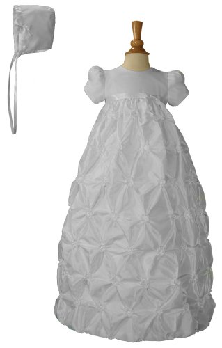 White Polyester Taffeta Christening Baptism Gown with Rosettes and a Bonnet