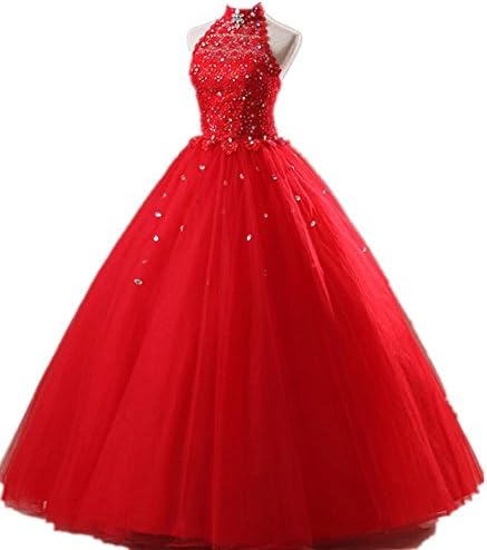 Women's Halter Tulle Diamonds Evening Dress Red XS