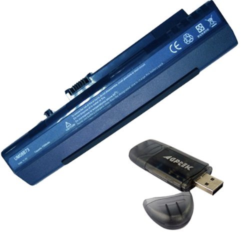 7200mAh 9 cells Replacement Acer Aspire One 10.1 AOD250 Series Laptop Battery UM08A31 UM08A51 UM08A52 UM08A71 UM08A72 UM08A73 UM08A74 UM08A75 UM08B31 come with a AGPtek® USB2.0 SD Card reader Blue 