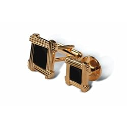 Geoffrey Beene Genuine Black Onyx with Gold Overlapping Bars Cufflink and Stud set