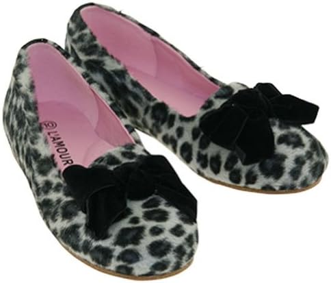 L'Amour Girls Gray Animal Print Black Bow Faux Fur Flat Shoes 4