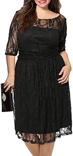Anfee Women's Plus Size Elegant Floral Lace Half Sleeve Bridesmaid Dress, Black, 2X